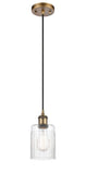 516-1P-BB-G342 Cord Hung 4.5" Brushed Brass Mini Pendant - Clear Hadley Glass - LED Bulb - Dimmensions: 4.5 x 4.5 x 8<br>Minimum Height : 12.75<br>Maximum Height : 130.75 - Sloped Ceiling Compatible: Yes
