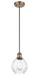 516-1P-BB-G362 Cord Hung 6" Brushed Brass Mini Pendant - Clear Small Waverly Glass - LED Bulb - Dimmensions: 6 x 6 x 9<br>Minimum Height : 12.75<br>Maximum Height : 130.75 - Sloped Ceiling Compatible: Yes