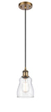 516-1P-BB-G392 Cord Hung 4.5" Brushed Brass Mini Pendant - Clear Ellery Glass - LED Bulb - Dimmensions: 4.5 x 4.5 x 8<br>Minimum Height : 12.75<br>Maximum Height : 130.75 - Sloped Ceiling Compatible: Yes