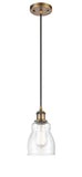 516-1P-BB-G394 Cord Hung 4.5" Brushed Brass Mini Pendant - Seedy Ellery Glass - LED Bulb - Dimmensions: 4.5 x 4.5 x 8<br>Minimum Height : 12.75<br>Maximum Height : 130.75 - Sloped Ceiling Compatible: Yes