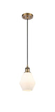 516-1P-BB-G651-6 Cord Hung 6" Brushed Brass Mini Pendant - Cased Matte White Cindyrella 6" Glass - LED Bulb - Dimmensions: 6 x 6 x 10<br>Minimum Height : 13<br>Maximum Height : 130 - Sloped Ceiling Compatible: Yes