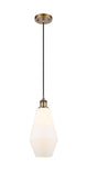 516-1P-BB-G651-7 Cord Hung 7" Brushed Brass Mini Pendant - Cased Matte White Cindyrella 7" Glass - LED Bulb - Dimmensions: 7 x 7 x 14.5<br>Minimum Height : 17.5<br>Maximum Height : 134.5 - Sloped Ceiling Compatible: Yes