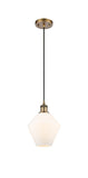 516-1P-BB-G651-8 Cord Hung 8" Brushed Brass Mini Pendant - Cased Matte White Cindyrella 8" Glass - LED Bulb - Dimmensions: 8 x 8 x 11<br>Minimum Height : 14<br>Maximum Height : 131 - Sloped Ceiling Compatible: Yes