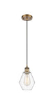516-1P-BB-G652-6 Cord Hung 6" Brushed Brass Mini Pendant - Clear Cindyrella 6" Glass - LED Bulb - Dimmensions: 6 x 6 x 10<br>Minimum Height : 13<br>Maximum Height : 130 - Sloped Ceiling Compatible: Yes