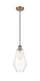 516-1P-BB-G652-7 Cord Hung 7" Brushed Brass Mini Pendant - Clear Cindyrella 7" Glass - LED Bulb - Dimmensions: 7 x 7 x 14.5<br>Minimum Height : 17.5<br>Maximum Height : 134.5 - Sloped Ceiling Compatible: Yes