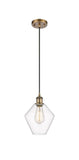 516-1P-BB-G652-8 Cord Hung 8" Brushed Brass Mini Pendant - Clear Cindyrella 8" Glass - LED Bulb - Dimmensions: 8 x 8 x 11<br>Minimum Height : 14<br>Maximum Height : 131 - Sloped Ceiling Compatible: Yes