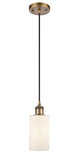 516-1P-BB-G801 Cord Hung 3.875" Brushed Brass Mini Pendant - Matte White Clymer Glass - LED Bulb - Dimmensions: 3.875 x 3.875 x 10<br>Minimum Height : 12.75<br>Maximum Height : 130.75 - Sloped Ceiling Compatible: Yes
