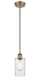 516-1P-BB-G802 Cord Hung 3.875" Brushed Brass Mini Pendant - Clear Clymer Glass - LED Bulb - Dimmensions: 3.875 x 3.875 x 10<br>Minimum Height : 12.75<br>Maximum Height : 130.75 - Sloped Ceiling Compatible: Yes