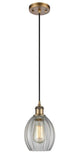 516-1P-BB-G82 Cord Hung 6" Brushed Brass Mini Pendant - Clear Eaton Glass - LED Bulb - Dimmensions: 6 x 6 x 9.5<br>Minimum Height : 13.75<br>Maximum Height : 131.75 - Sloped Ceiling Compatible: Yes