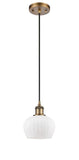 516-1P-BB-G91 Cord Hung 6.5" Brushed Brass Mini Pendant - Matte White Fenton Glass - LED Bulb - Dimmensions: 6.5 x 6.5 x 7.5<br>Minimum Height : 11.25<br>Maximum Height : 129.25 - Sloped Ceiling Compatible: Yes