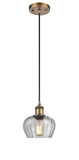 516-1P-BB-G92 Cord Hung 6.5" Brushed Brass Mini Pendant - Clear Fenton Glass - LED Bulb - Dimmensions: 6.5 x 6.5 x 7.5<br>Minimum Height : 11.25<br>Maximum Height : 129.25 - Sloped Ceiling Compatible: Yes