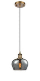 516-1P-BB-G93 Cord Hung 6.5" Brushed Brass Mini Pendant - Plated Smoke Fenton Glass - LED Bulb - Dimmensions: 6.5 x 6.5 x 7.5<br>Minimum Height : 11.25<br>Maximum Height : 129.25 - Sloped Ceiling Compatible: Yes