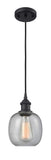 516-1P-BK-G104 Cord Hung 6" Matte Black Mini Pendant - Seedy Belfast Glass - LED Bulb - Dimmensions: 6 x 6 x 9<br>Minimum Height : 12.75<br>Maximum Height : 130.75 - Sloped Ceiling Compatible: Yes