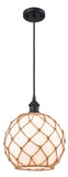 516-1P-BK-G121-10RB Cord Hung 10" Matte Black Mini Pendant - White Large Farmhouse Glass with Brown Rope Glass - LED Bulb - Dimmensions: 10 x 10 x 13<br>Minimum Height : 15.75<br>Maximum Height : 133.75 - Sloped Ceiling Compatible: Yes