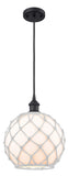 516-1P-BK-G121-10RW Cord Hung 10" Matte Black Mini Pendant - White Large Farmhouse Glass with White Rope Glass - LED Bulb - Dimmensions: 10 x 10 x 13<br>Minimum Height : 15.75<br>Maximum Height : 133.75 - Sloped Ceiling Compatible: Yes