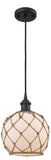 516-1P-BK-G121-8RB Cord Hung 8" Matte Black Mini Pendant - White Farmhouse Glass with Brown Rope Glass - LED Bulb - Dimmensions: 8 x 8 x 10<br>Minimum Height : 13.75<br>Maximum Height : 131.75 - Sloped Ceiling Compatible: Yes