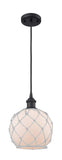 516-1P-BK-G121-8RW Cord Hung 8" Matte Black Mini Pendant - White Farmhouse Glass with White Rope Glass - LED Bulb - Dimmensions: 8 x 8 x 10<br>Minimum Height : 13.75<br>Maximum Height : 131.75 - Sloped Ceiling Compatible: Yes