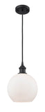 516-1P-BK-G121-8 Cord Hung 8" Matte Black Mini Pendant - Cased Matte White Athens Glass - LED Bulb - Dimmensions: 8 x 8 x 10<br>Minimum Height : 13.75<br>Maximum Height : 131.75 - Sloped Ceiling Compatible: Yes
