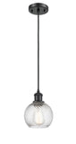 516-1P-BK-G1214-6 Cord Hung 6" Matte Black Mini Pendant - Clear Athens Twisted Swirl 6" Glass - LED Bulb - Dimmensions: 6 x 6 x 8<br>Minimum Height : 13.75<br>Maximum Height : 131.75 - Sloped Ceiling Compatible: Yes