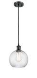 516-1P-BK-G1214-8 Cord Hung 8" Matte Black Mini Pendant - Clear Athens Twisted Swirl 8" Glass - LED Bulb - Dimmensions: 8 x 8 x 10<br>Minimum Height : 13.75<br>Maximum Height : 131.75 - Sloped Ceiling Compatible: Yes