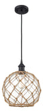 516-1P-BK-G122-10RB Cord Hung 10" Matte Black Mini Pendant - Clear Large Farmhouse Glass with Brown Rope Glass - LED Bulb - Dimmensions: 10 x 10 x 13<br>Minimum Height : 15.75<br>Maximum Height : 133.75 - Sloped Ceiling Compatible: Yes