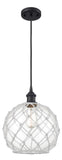 516-1P-BK-G122-10RW Cord Hung 10" Matte Black Mini Pendant - Clear Large Farmhouse Glass with White Rope Glass - LED Bulb - Dimmensions: 10 x 10 x 13<br>Minimum Height : 15.75<br>Maximum Height : 133.75 - Sloped Ceiling Compatible: Yes