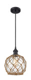 516-1P-BK-G122-8RB Cord Hung 8" Matte Black Mini Pendant - Clear Farmhouse Glass with Brown Rope Glass - LED Bulb - Dimmensions: 8 x 8 x 10<br>Minimum Height : 13.75<br>Maximum Height : 131.75 - Sloped Ceiling Compatible: Yes