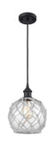 516-1P-BK-G122-8RW Cord Hung 8" Matte Black Mini Pendant - Clear Farmhouse Glass with White Rope Glass - LED Bulb - Dimmensions: 8 x 8 x 10<br>Minimum Height : 13.75<br>Maximum Height : 131.75 - Sloped Ceiling Compatible: Yes