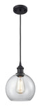 516-1P-BK-G122-8 Cord Hung 8" Matte Black Mini Pendant - Clear Athens Glass - LED Bulb - Dimmensions: 8 x 8 x 10<br>Minimum Height : 13.75<br>Maximum Height : 131.75 - Sloped Ceiling Compatible: Yes