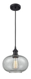 516-1P-BK-G247 Cord Hung 9.5" Matte Black Mini Pendant - Charcoal Gorham Glass - LED Bulb - Dimmensions: 9.5 x 9.5 x 11<br>Minimum Height : 13.75<br>Maximum Height : 131.75 - Sloped Ceiling Compatible: Yes