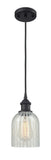 516-1P-BK-G2511 Cord Hung 5" Matte Black Mini Pendant - Mouchette Caledonia Glass - LED Bulb - Dimmensions: 5 x 5 x 10<br>Minimum Height : 12.75<br>Maximum Height : 130.75 - Sloped Ceiling Compatible: Yes