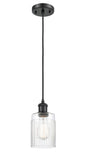 516-1P-BK-G342 Cord Hung 4.5" Matte Black Mini Pendant - Clear Hadley Glass - LED Bulb - Dimmensions: 4.5 x 4.5 x 8<br>Minimum Height : 12.75<br>Maximum Height : 130.75 - Sloped Ceiling Compatible: Yes
