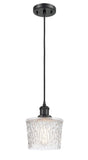 516-1P-BK-G402 Cord Hung 6.5" Matte Black Mini Pendant - Clear Niagra Glass - LED Bulb - Dimmensions: 6.5 x 6.5 x 8.5<br>Minimum Height : 11.25<br>Maximum Height : 129.25 - Sloped Ceiling Compatible: Yes