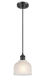 516-1P-BK-G411 Cord Hung 5.5" Matte Black Mini Pendant - White Dayton Glass - LED Bulb - Dimmensions: 5.5 x 5.5 x 8.5<br>Minimum Height : 12.75<br>Maximum Height : 130.75 - Sloped Ceiling Compatible: Yes