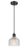 516-1P-BK-G412 Cord Hung 5.5" Matte Black Mini Pendant - Clear Dayton Glass - LED Bulb - Dimmensions: 5.5 x 5.5 x 8.5<br>Minimum Height : 12.75<br>Maximum Height : 130.75 - Sloped Ceiling Compatible: Yes