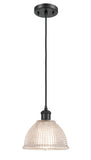 516-1P-BK-G422 Cord Hung 8" Matte Black Mini Pendant - Clear Arietta Glass - LED Bulb - Dimmensions: 8 x 8 x 8<br>Minimum Height : 12.75<br>Maximum Height : 130.75 - Sloped Ceiling Compatible: Yes