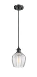 516-1P-BK-G462-6 Cord Hung 5.75" Matte Black Mini Pendant - Clear Norfolk Glass - LED Bulb - Dimmensions: 5.75 x 5.75 x 10.5<br>Minimum Height : 13.5<br>Maximum Height : 130.5 - Sloped Ceiling Compatible: Yes