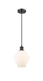 516-1P-BK-G651-8 Cord Hung 8" Matte Black Mini Pendant - Cased Matte White Cindyrella 8" Glass - LED Bulb - Dimmensions: 8 x 8 x 11<br>Minimum Height : 14<br>Maximum Height : 131 - Sloped Ceiling Compatible: Yes