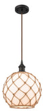516-1P-OB-G121-10RB Cord Hung 10" Oil Rubbed Bronze Mini Pendant - White Large Farmhouse Glass with Brown Rope Glass - LED Bulb - Dimmensions: 10 x 10 x 13<br>Minimum Height : 15.75<br>Maximum Height : 133.75 - Sloped Ceiling Compatible: Yes