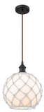 516-1P-OB-G121-10RW Cord Hung 10" Oil Rubbed Bronze Mini Pendant - White Large Farmhouse Glass with White Rope Glass - LED Bulb - Dimmensions: 10 x 10 x 13<br>Minimum Height : 15.75<br>Maximum Height : 133.75 - Sloped Ceiling Compatible: Yes