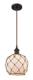 516-1P-OB-G121-8RB Cord Hung 8" Oil Rubbed Bronze Mini Pendant - White Farmhouse Glass with Brown Rope Glass - LED Bulb - Dimmensions: 8 x 8 x 10<br>Minimum Height : 13.75<br>Maximum Height : 131.75 - Sloped Ceiling Compatible: Yes