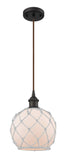 516-1P-OB-G121-8RW Cord Hung 8" Oil Rubbed Bronze Mini Pendant - White Farmhouse Glass with White Rope Glass - LED Bulb - Dimmensions: 8 x 8 x 10<br>Minimum Height : 13.75<br>Maximum Height : 131.75 - Sloped Ceiling Compatible: Yes