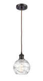 516-1P-OB-G1213-6 Cord Hung 6" Oil Rubbed Bronze Mini Pendant - Clear Athens Deco Swirl 8" Glass - LED Bulb - Dimmensions: 6 x 6 x 8<br>Minimum Height : 13.75<br>Maximum Height : 131.75 - Sloped Ceiling Compatible: Yes