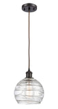 516-1P-OB-G1213-8 Cord Hung 8" Oil Rubbed Bronze Mini Pendant - Clear Athens Deco Swirl 8" Glass - LED Bulb - Dimmensions: 8 x 8 x 10<br>Minimum Height : 13.75<br>Maximum Height : 131.75 - Sloped Ceiling Compatible: Yes