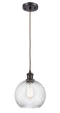 516-1P-OB-G1214-8 Cord Hung 8" Oil Rubbed Bronze Mini Pendant - Clear Athens Twisted Swirl 8" Glass - LED Bulb - Dimmensions: 8 x 8 x 10<br>Minimum Height : 13.75<br>Maximum Height : 131.75 - Sloped Ceiling Compatible: Yes