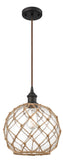 516-1P-OB-G122-10RB Cord Hung 10" Oil Rubbed Bronze Mini Pendant - Clear Large Farmhouse Glass with Brown Rope Glass - LED Bulb - Dimmensions: 10 x 10 x 13<br>Minimum Height : 15.75<br>Maximum Height : 133.75 - Sloped Ceiling Compatible: Yes