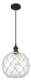 516-1P-OB-G122-10RW Cord Hung 10" Oil Rubbed Bronze Mini Pendant - Clear Large Farmhouse Glass with White Rope Glass - LED Bulb - Dimmensions: 10 x 10 x 13<br>Minimum Height : 15.75<br>Maximum Height : 133.75 - Sloped Ceiling Compatible: Yes