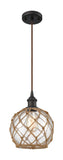 516-1P-OB-G122-8RB Cord Hung 8" Oil Rubbed Bronze Mini Pendant - Clear Farmhouse Glass with Brown Rope Glass - LED Bulb - Dimmensions: 8 x 8 x 10<br>Minimum Height : 13.75<br>Maximum Height : 131.75 - Sloped Ceiling Compatible: Yes