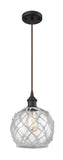 516-1P-OB-G122-8RW Cord Hung 8" Oil Rubbed Bronze Mini Pendant - Clear Farmhouse Glass with White Rope Glass - LED Bulb - Dimmensions: 8 x 8 x 10<br>Minimum Height : 13.75<br>Maximum Height : 131.75 - Sloped Ceiling Compatible: Yes