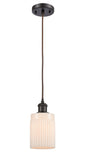 516-1P-OB-G341 Cord Hung 4.5" Oil Rubbed Bronze Mini Pendant - Matte White Hadley Glass - LED Bulb - Dimmensions: 4.5 x 4.5 x 8<br>Minimum Height : 12.75<br>Maximum Height : 130.75 - Sloped Ceiling Compatible: Yes